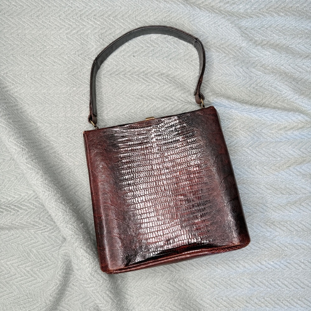 Vintage 60s Harry Revits brown crocodile leather square purse brass clasp
